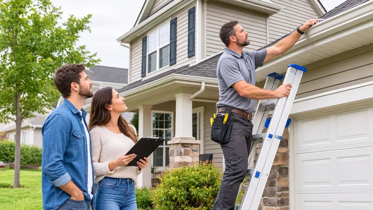 Home inspector checking the roof and gutters while homebuyers watch during the inspection period