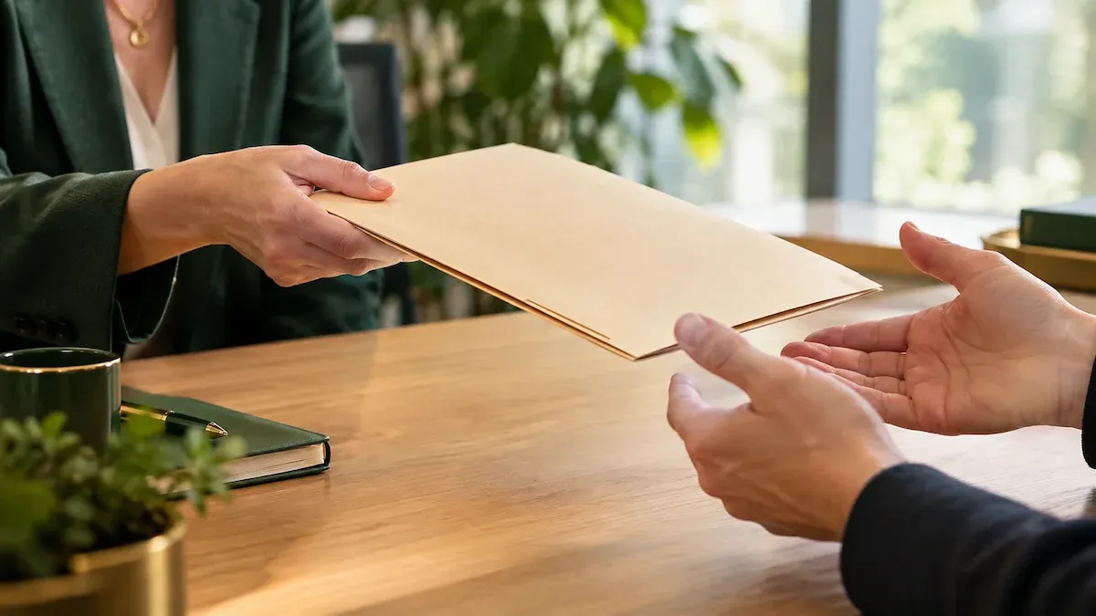 Homebuyer handing a folder of pre-approval documents to a mortgage lender across a desk