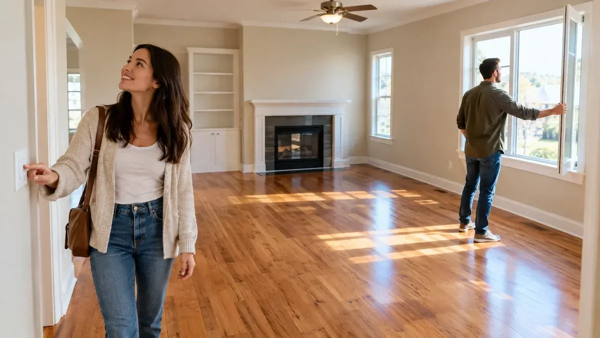 Homebuyers doing a final walkthrough of an empty living room before closing