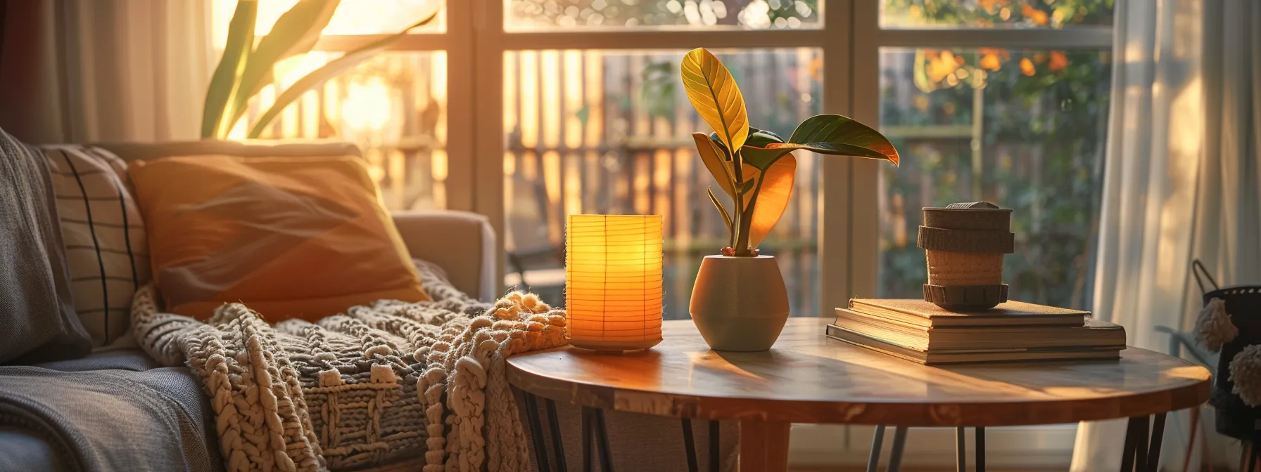 a beautifully organized and vibrant display of a home buying checklist draped over a cozy, styled living room table, bathed in warm morning light.