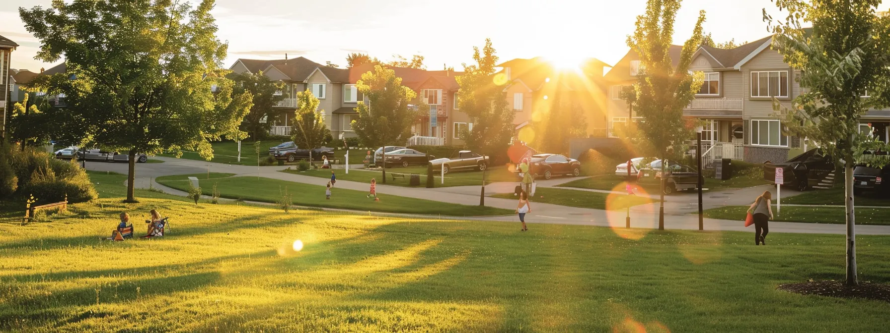 a panoramic view of a vibrant suburban neighborhood showcasing well-maintained homes, lush parks, and accessible public transportation, with children playing outdoors and families enjoying the community amenities in warm, golden sunlight.