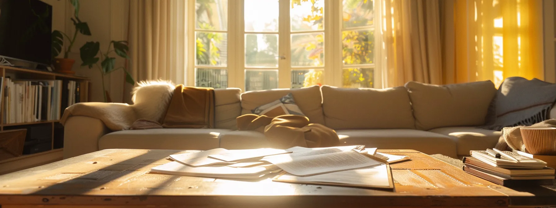 a sunlit living room showcases a newly inspected home, with an inviting atmosphere that highlights a cozy sofa, fresh paint, and paperwork neatly arranged on a coffee table, symbolizing the journey of completing due diligence in home buying.